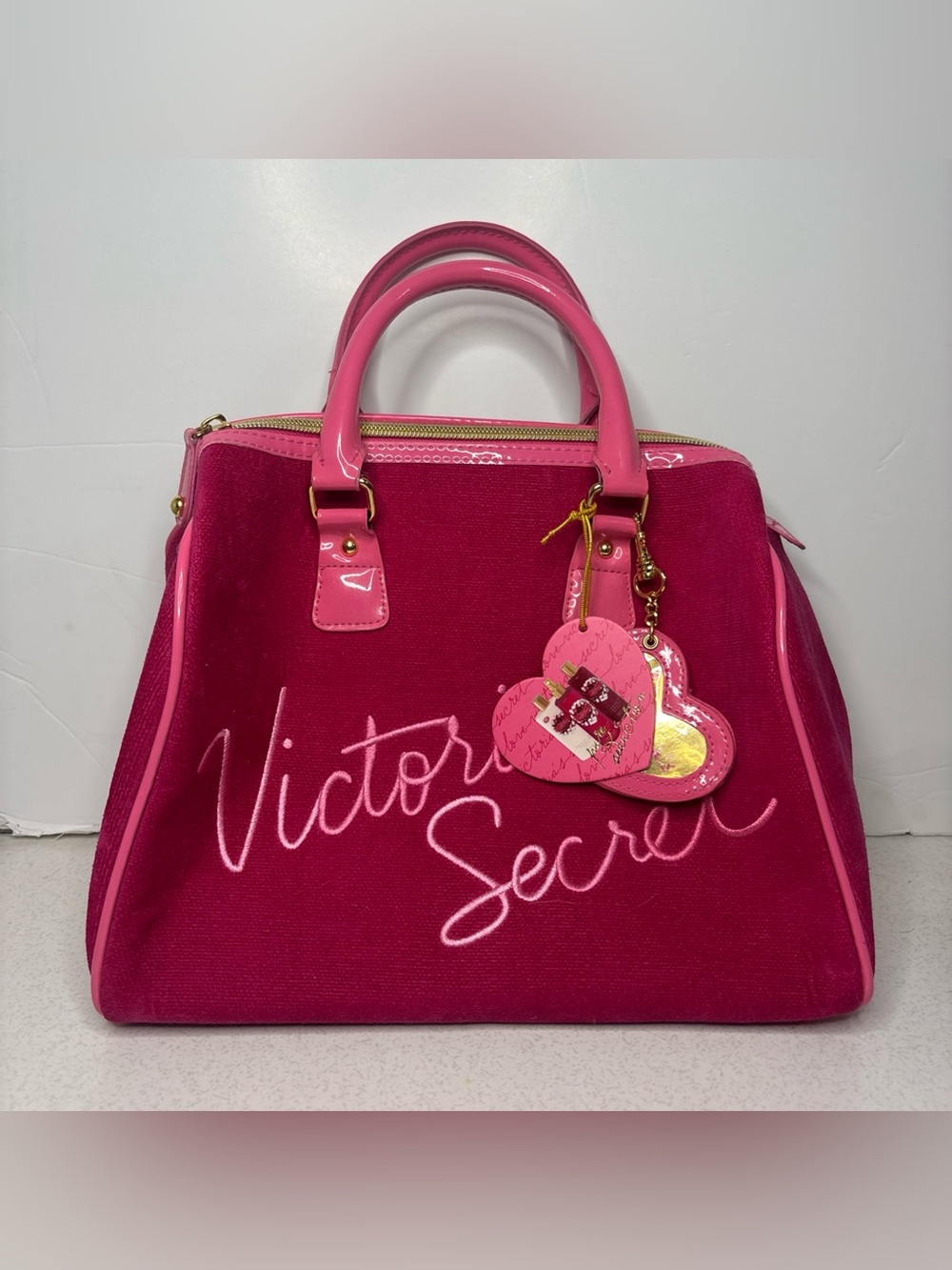 Victoria's Secret Love Y2K Velour Mirror Charm Satchel Heart Bag, Pink